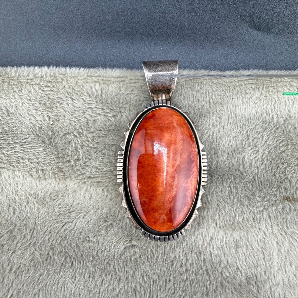 Vintage Yazzie Sterling Silver Pendant Signed Polished Red Orange Stone